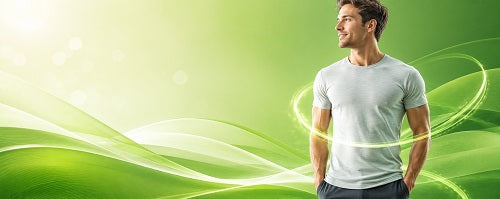 Slim healthy man promoting detox, sleep and stress wellness against a calming green background with soft flowing waves and natural lifestyle theme.