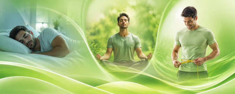Sleep, stress relief and healthy lifestyle wellness banner featuring peaceful sleep, meditation and weight management in calming green tones. Modern health-inspired background with relaxed male model, soft flowing waves and natural wellness atmosphere.