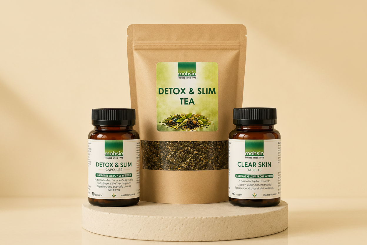 Three health products including a tea package and two bottle packages on a beige background