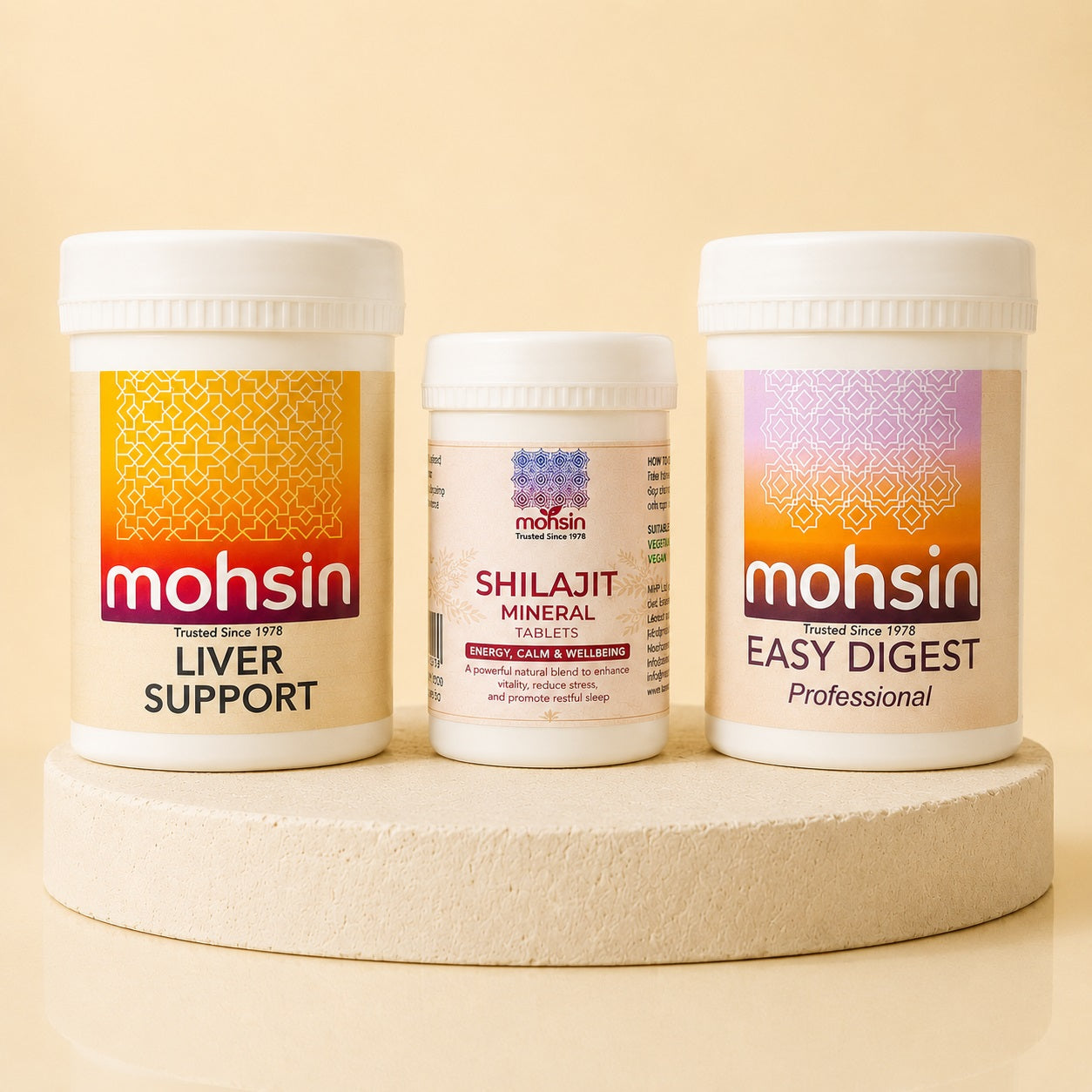 Three jars of mohsin health products on a beige stand with a beige background